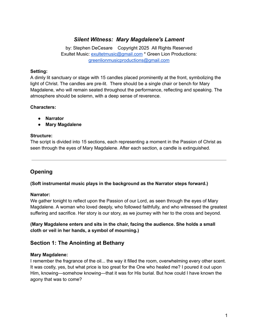 Silent Witness: Mary Magdalene’s Lament (Tenebrae Service) (SAB version) 3-Part scores gallery preview page 1