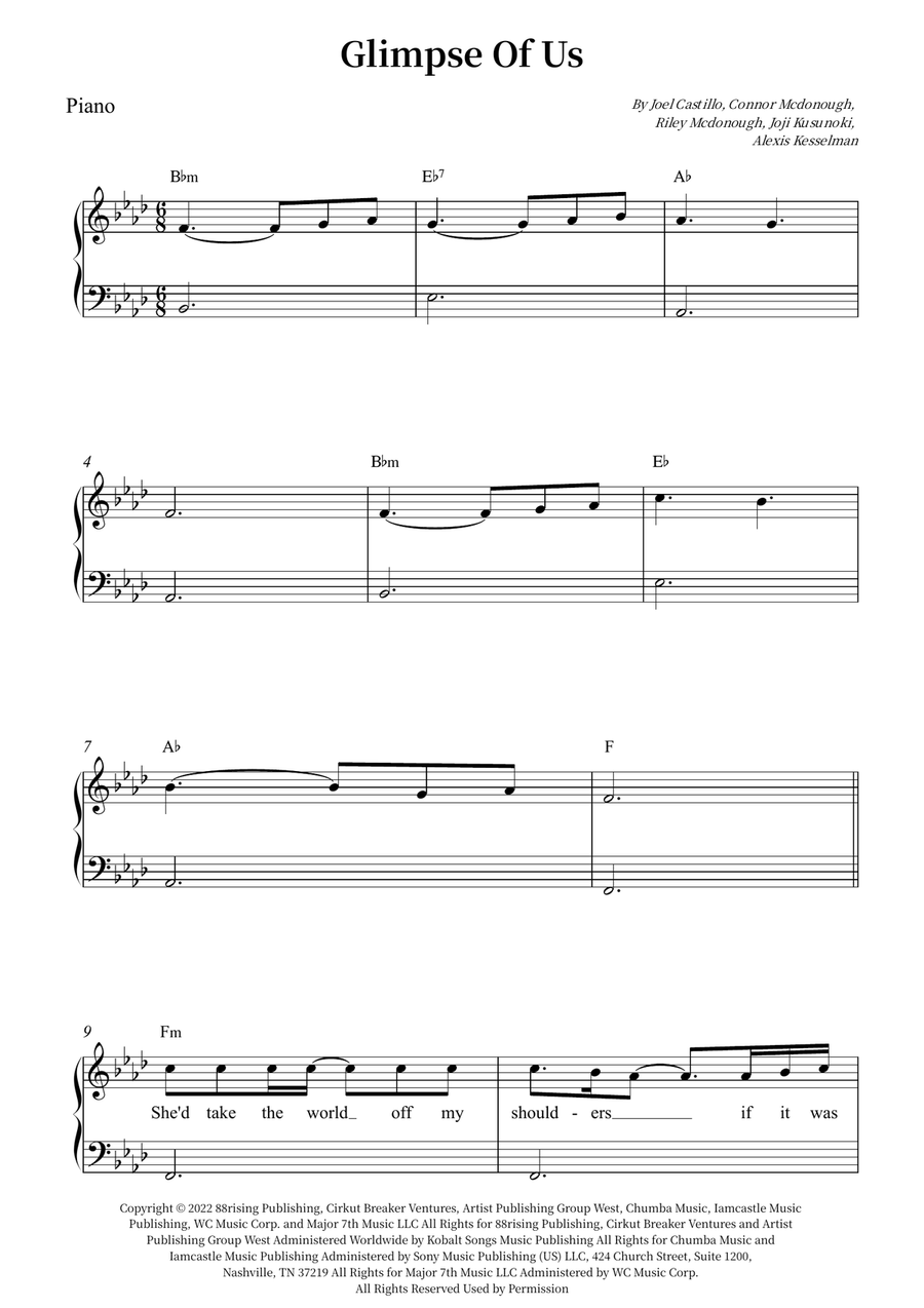 Glimpse Of Us Glimpse Of Us Piano, Vocal scores gallery preview page 1
