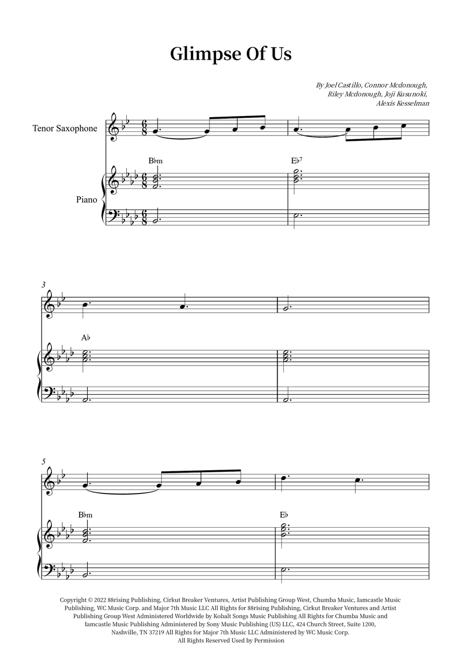 Glimpse Of Us Glimpse Of Us Tenor Saxophone scores gallery preview page 1