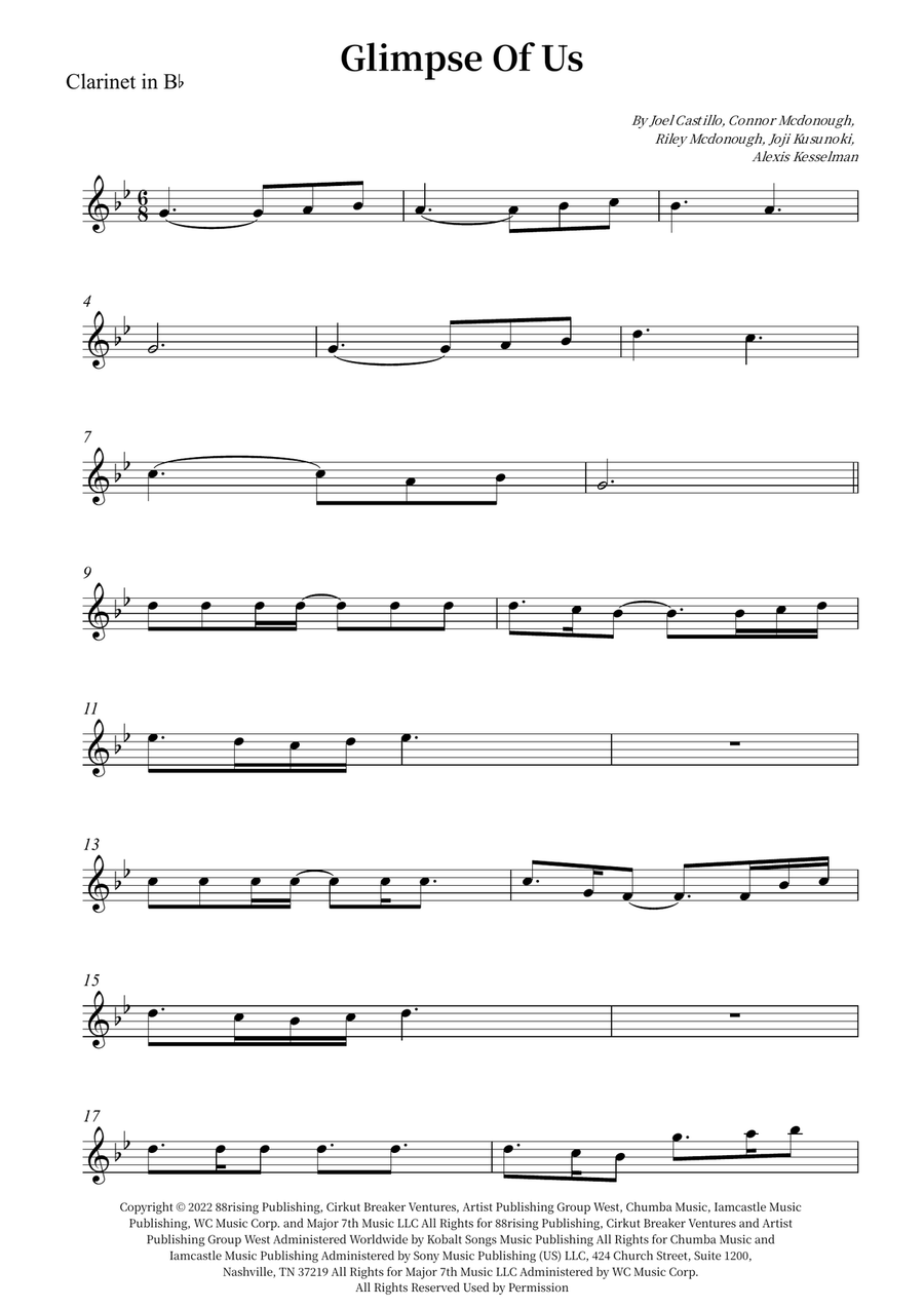 Glimpse Of Us Glimpse Of Us B-Flat Clarinet scores gallery preview page 1