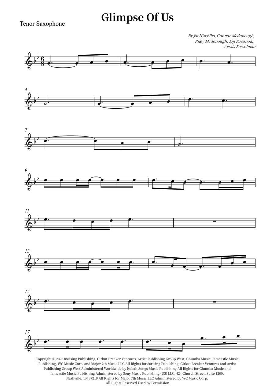 Glimpse Of Us Glimpse Of Us Tenor Saxophone scores gallery preview page 1