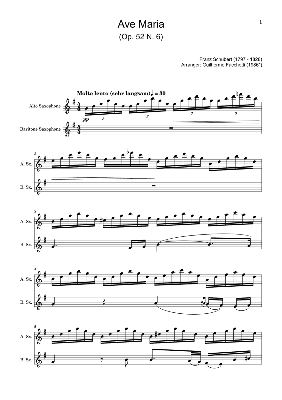 Ave Maria by F. Schubert – Arranged for A. Sax and B. Sax Woodwind Duet scores gallery preview page 1