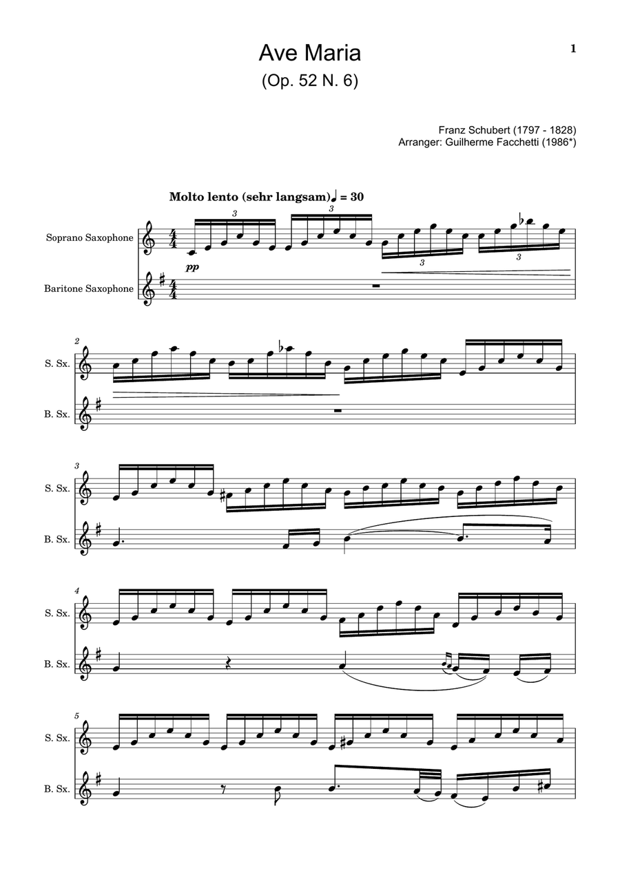 Ave Maria by F. Schubert – Arranged for S. Sax and B. Sax Woodwind Duet scores gallery preview page 1