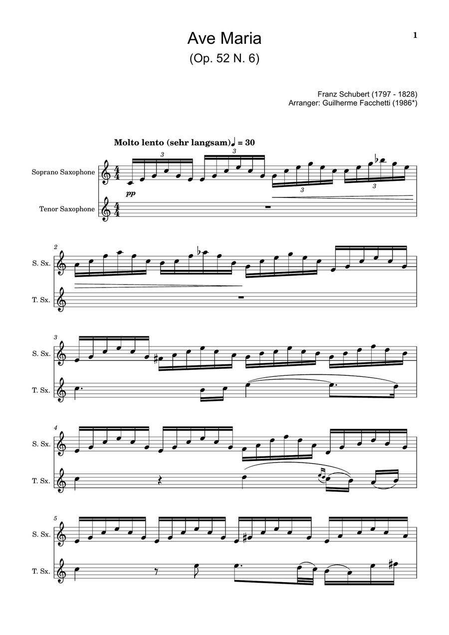 Ave Maria by F. Schubert – Arranged for S. Sax and T. Sax Woodwind Duet scores gallery preview page 1