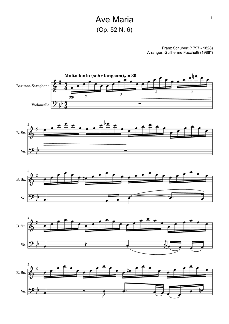 Ave Maria by F. Schubert – Arranged for B. Sax and Cello Chamber Music scores gallery preview page 1