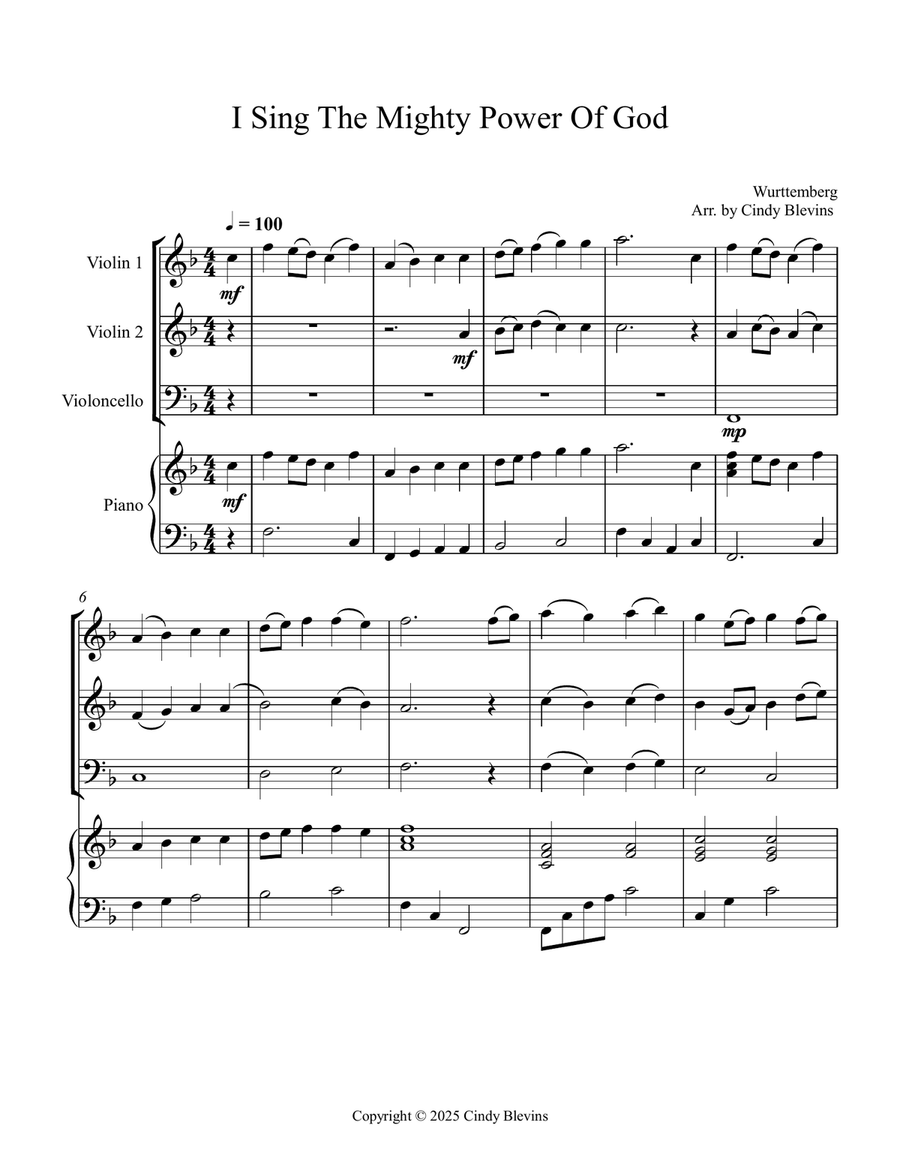 I Sing the Mighty Power of God, for Two Violins, Cello and Piano Piano Quartet scores gallery preview page 2