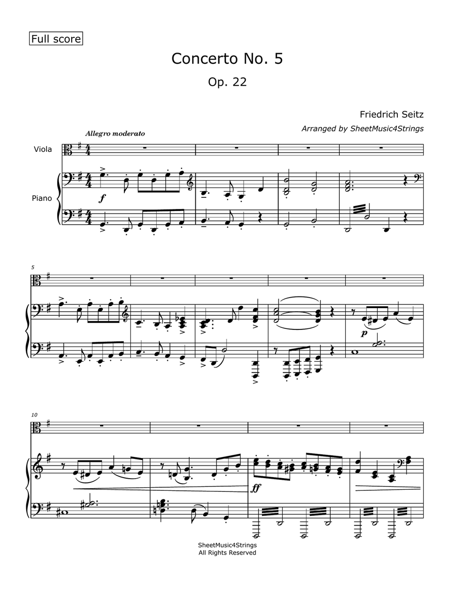 Seitz, F. - Concerto No. 5, Op. 22 Arranged for Viola and Piano Piano scores gallery preview page 2
