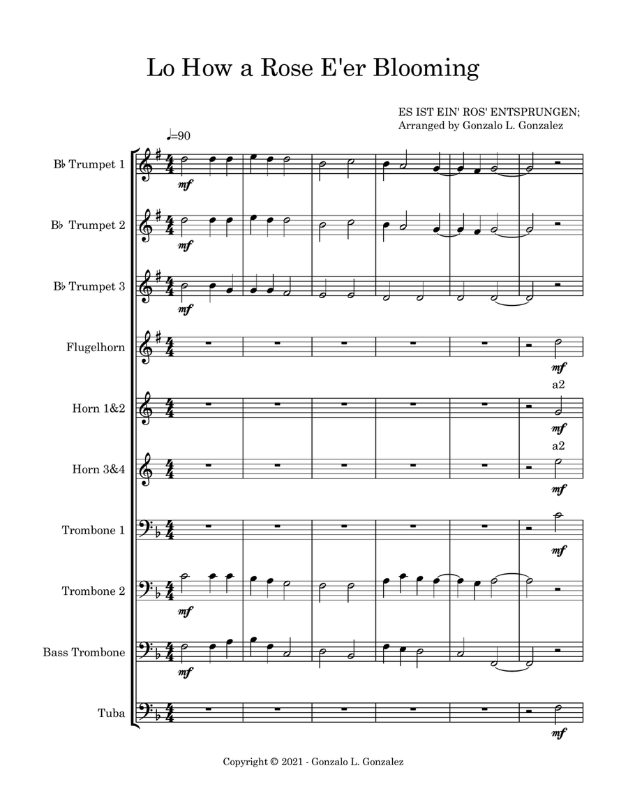Lo, How a Rose E'er Blooming Brass Ensemble scores gallery preview page 3