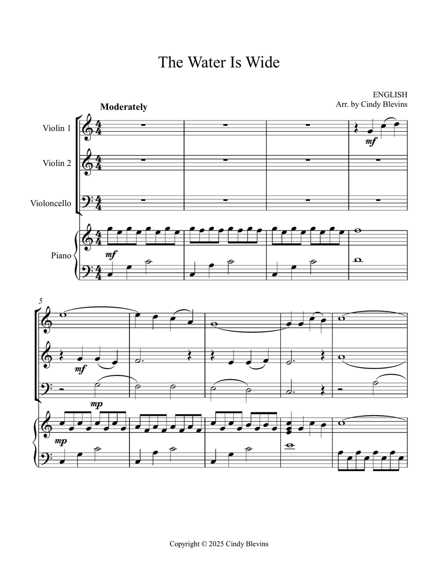 The Water Is Wide, for Two Violins, Cello and Piano Piano Quartet scores gallery preview page 2