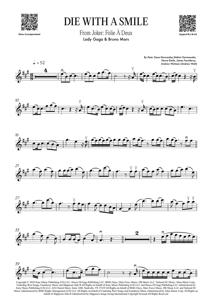 Die With A Smile Violin Solo scores gallery preview page 1