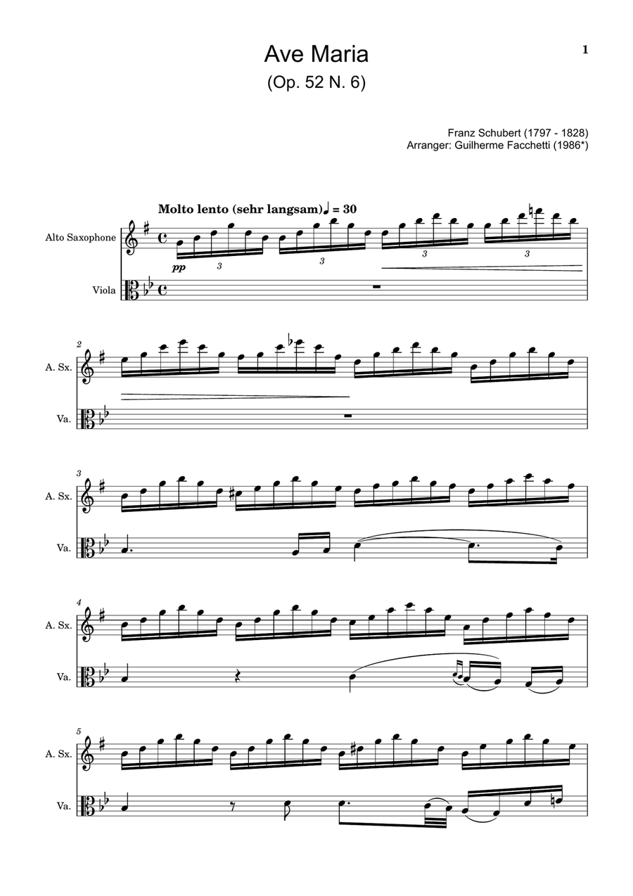 Ave Maria by F. Schubert – Arranged for A. Sax and Viola Chamber Music scores gallery preview page 1