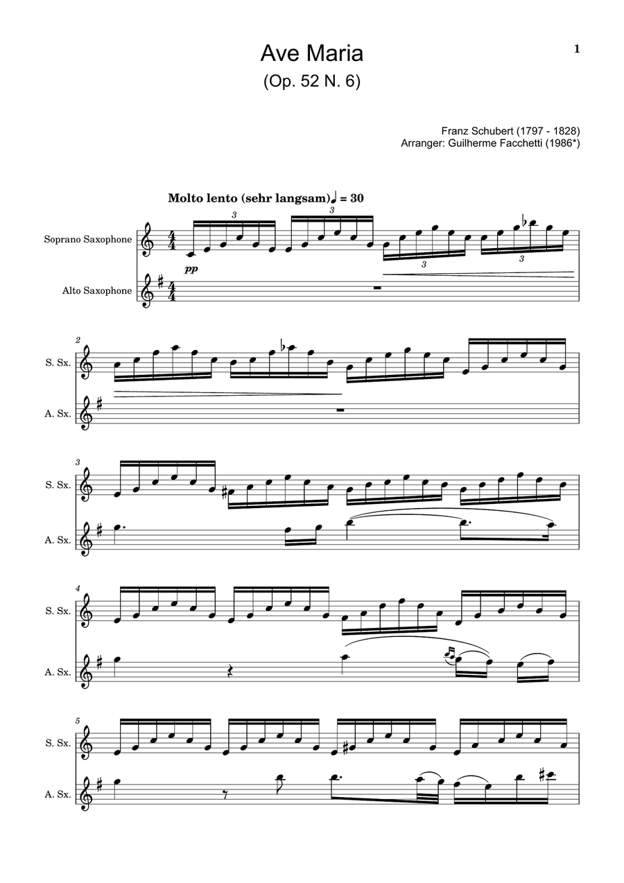 Ave Maria by F. Schubert – Arranged for S. Sax and A. Sax Woodwind Duet scores gallery preview page 1