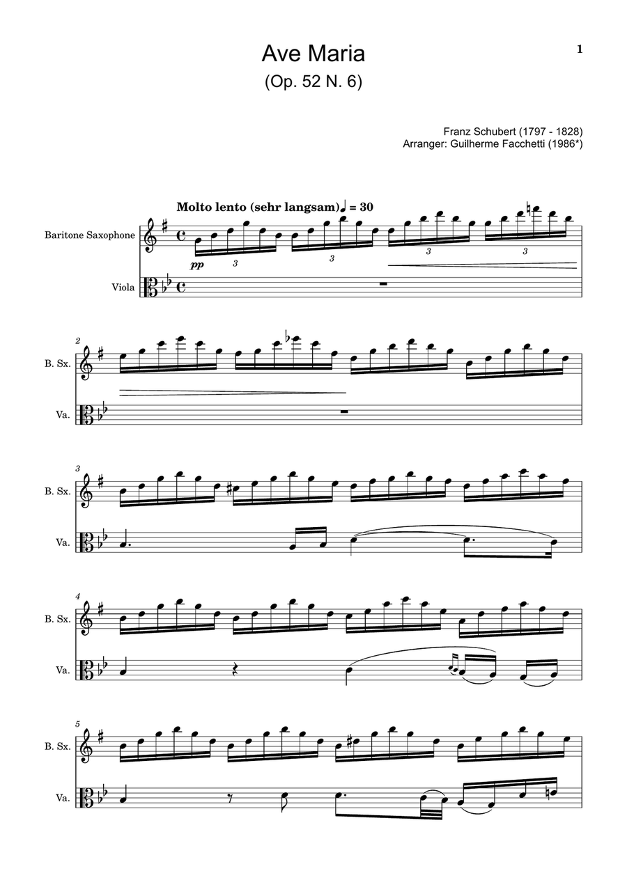 Ave Maria by F. Schubert – Arranged for B. Sax and Viola Chamber Music scores gallery preview page 1