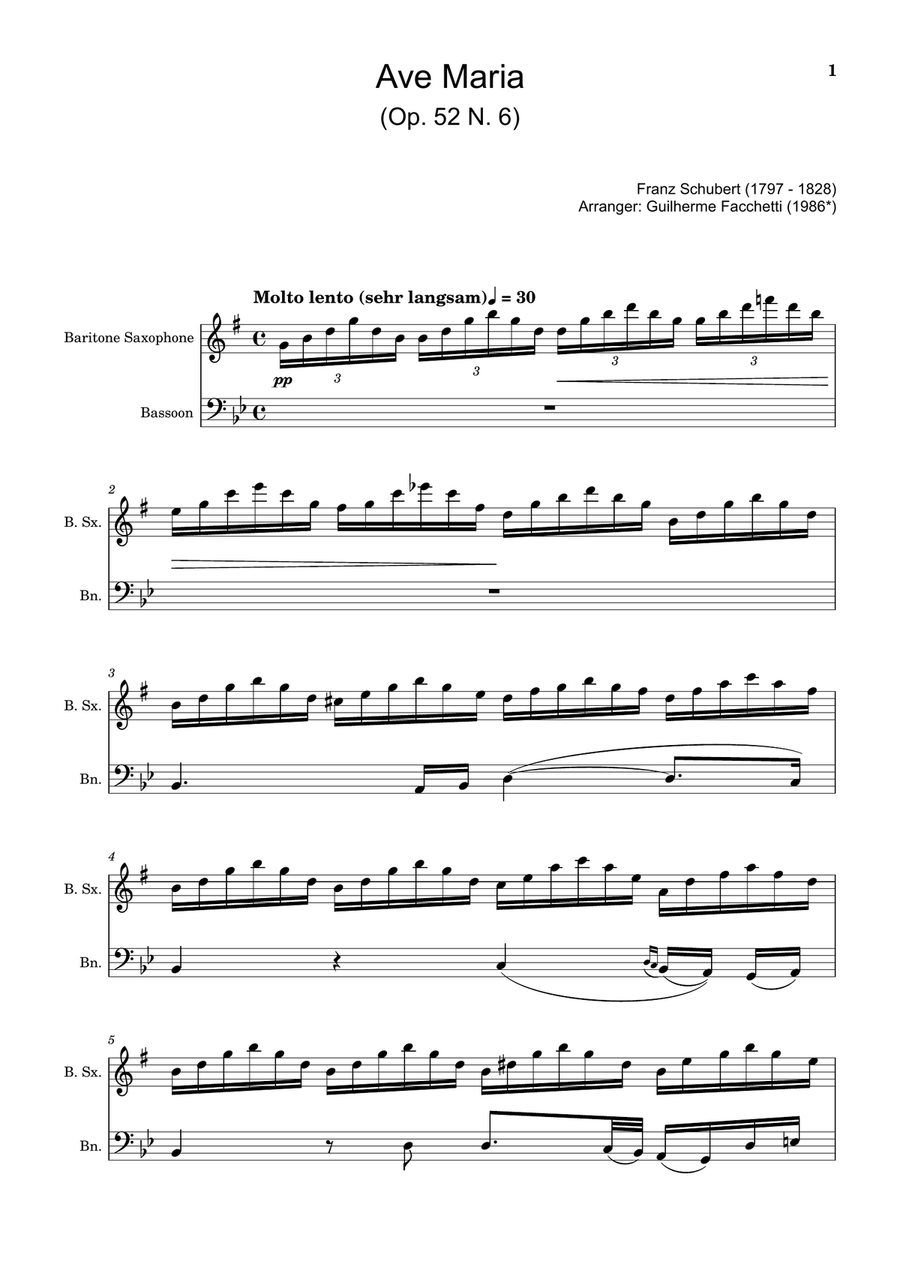 Ave Maria by F. Schubert – Arranged for B. Sax and Bassoon Woodwind Duet scores gallery preview page 1