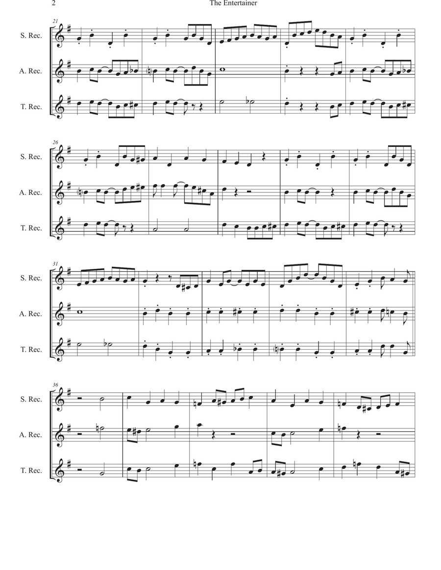 The Entertainer (for soprano/descant, alto/treble and tenor recorders) arranged by Sarah Jaysmith Soprano Recorder scores gallery preview page 2