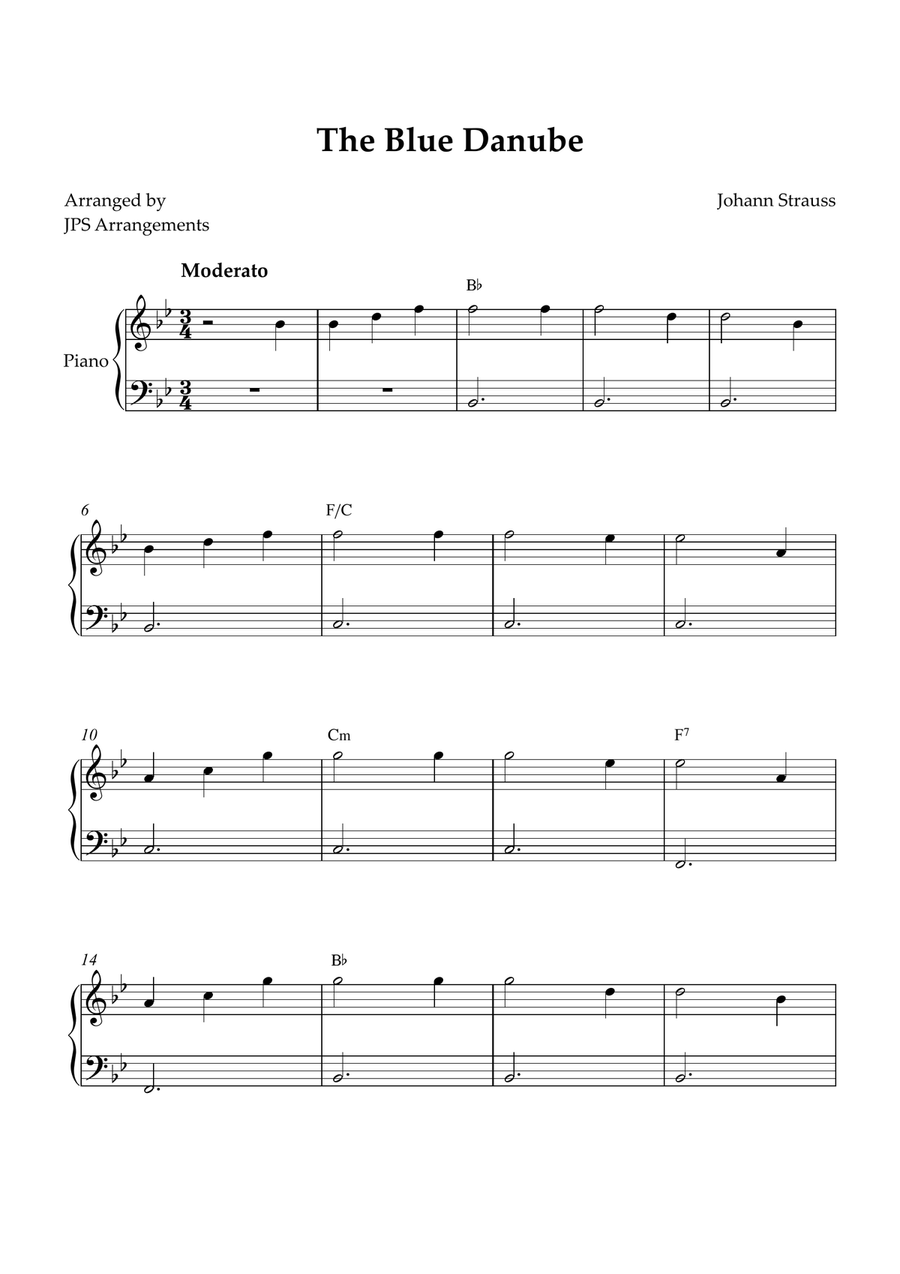 The Blue Danube for beginner piano in Bb Easy Piano scores gallery preview page 1