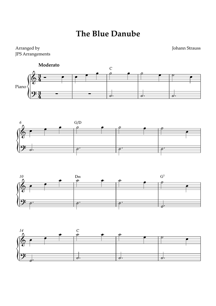 The Blue Danube for beginner piano in C Easy Piano scores gallery preview page 1