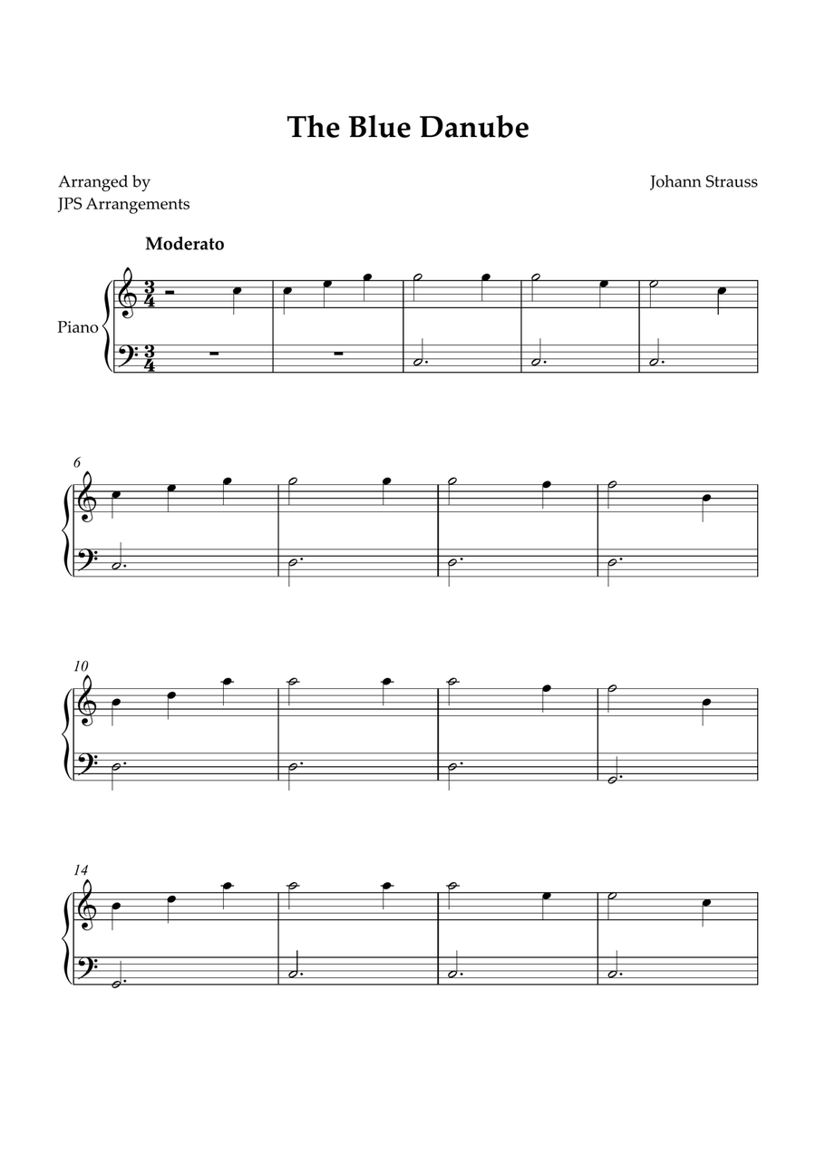 The Blue Danube for beginner piano in C Easy Piano scores gallery preview page 1