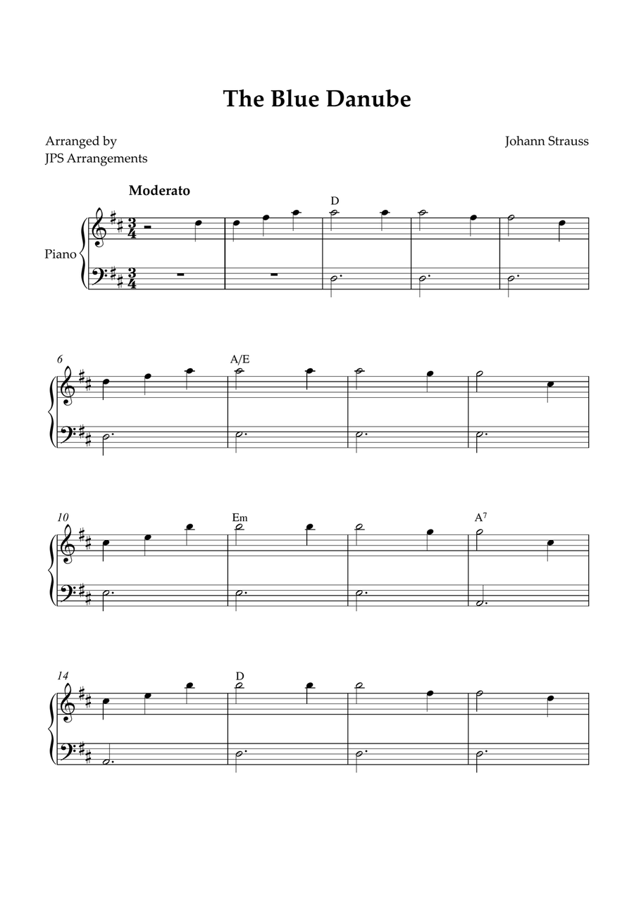 The Blue Danube for beginner piano in D Easy Piano scores gallery preview page 1