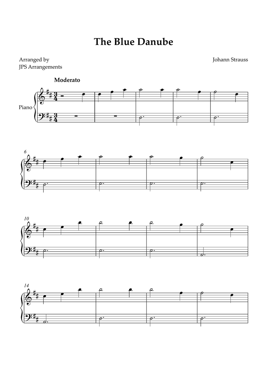 The Blue Danube for beginner piano in D Easy Piano scores gallery preview page 1