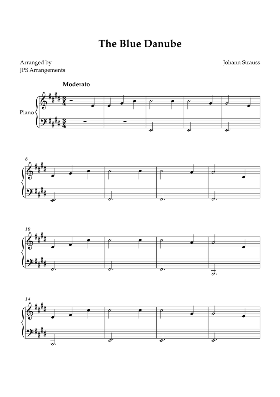 The Blue Danube for beginner piano in E Easy Piano scores gallery preview page 1