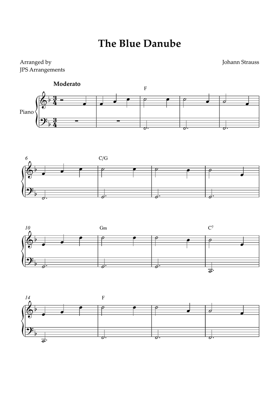 The Blue Danube for beginner piano in F Easy Piano scores gallery preview page 1