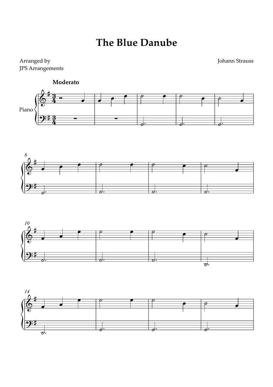 The Blue Danube for beginner piano in G Easy Piano scores gallery preview page 1