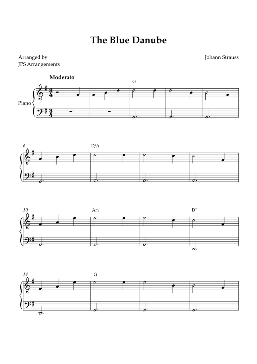 The Blue Danube for beginner piano in G Easy Piano scores gallery preview page 1