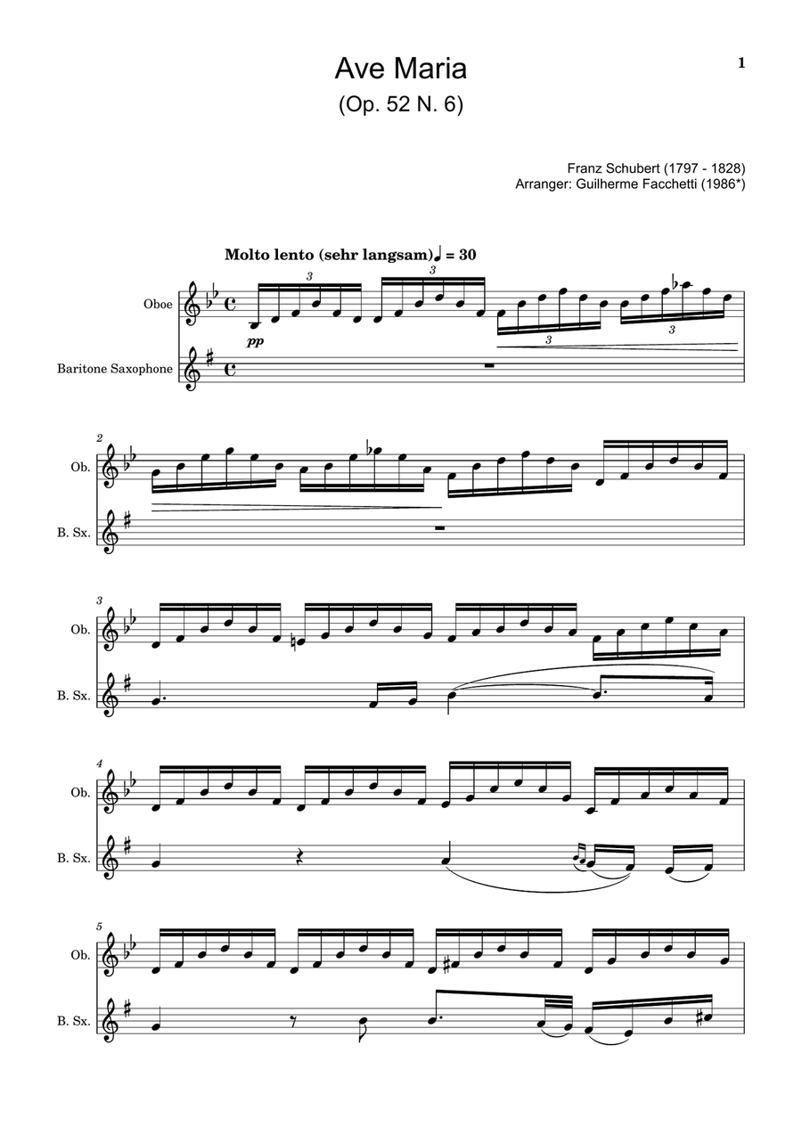 Ave Maria by F. Schubert – Arranged for Oboe and B. Sax Woodwind Duet scores gallery preview page 1
