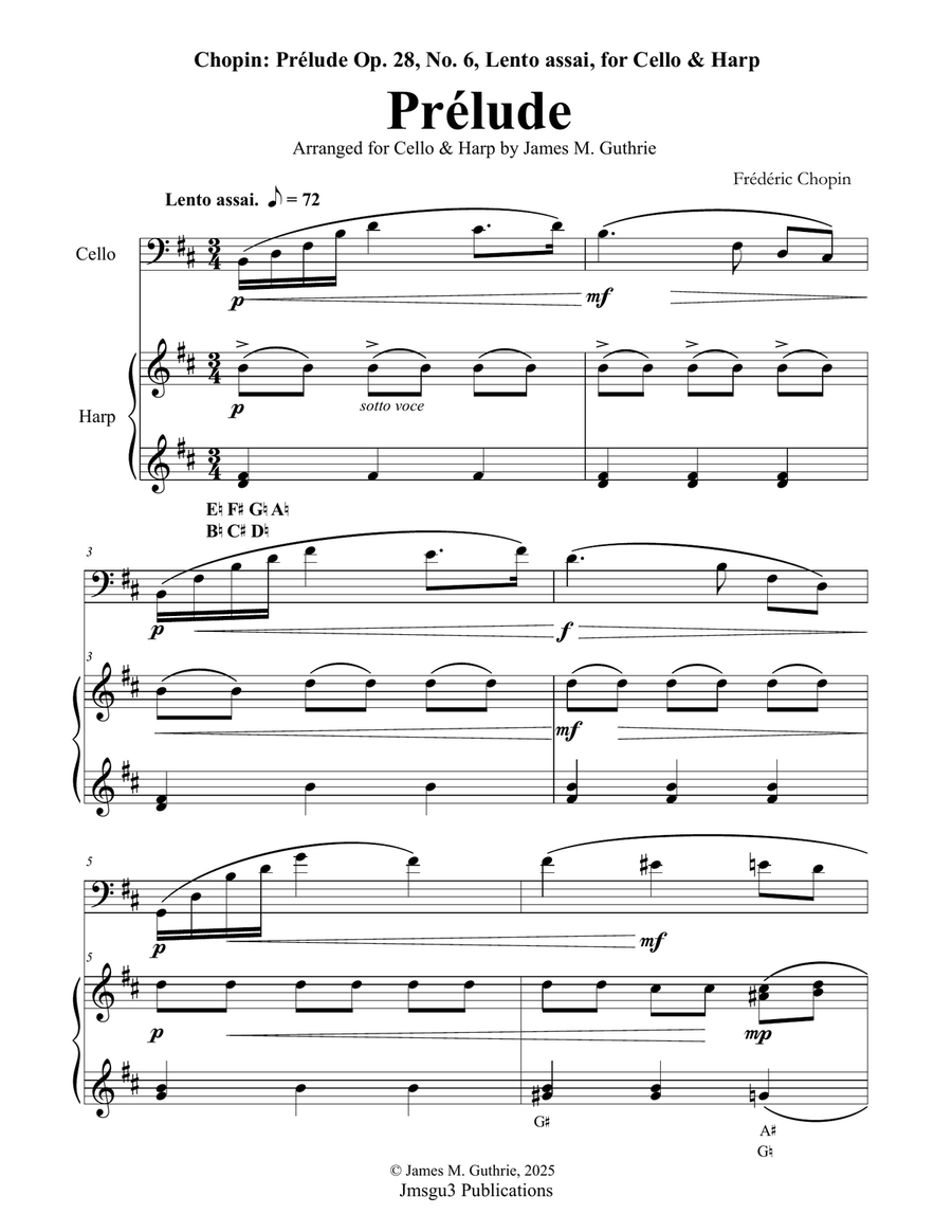 Chopin: Prelude Op. 28 No. 6 for Cello & Harp Chamber Music scores gallery preview page 1