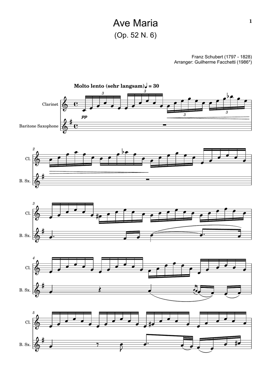 Ave Maria by F. Schubert – Arranged for Clarinet and B. Sax Woodwind Duet scores gallery preview page 1