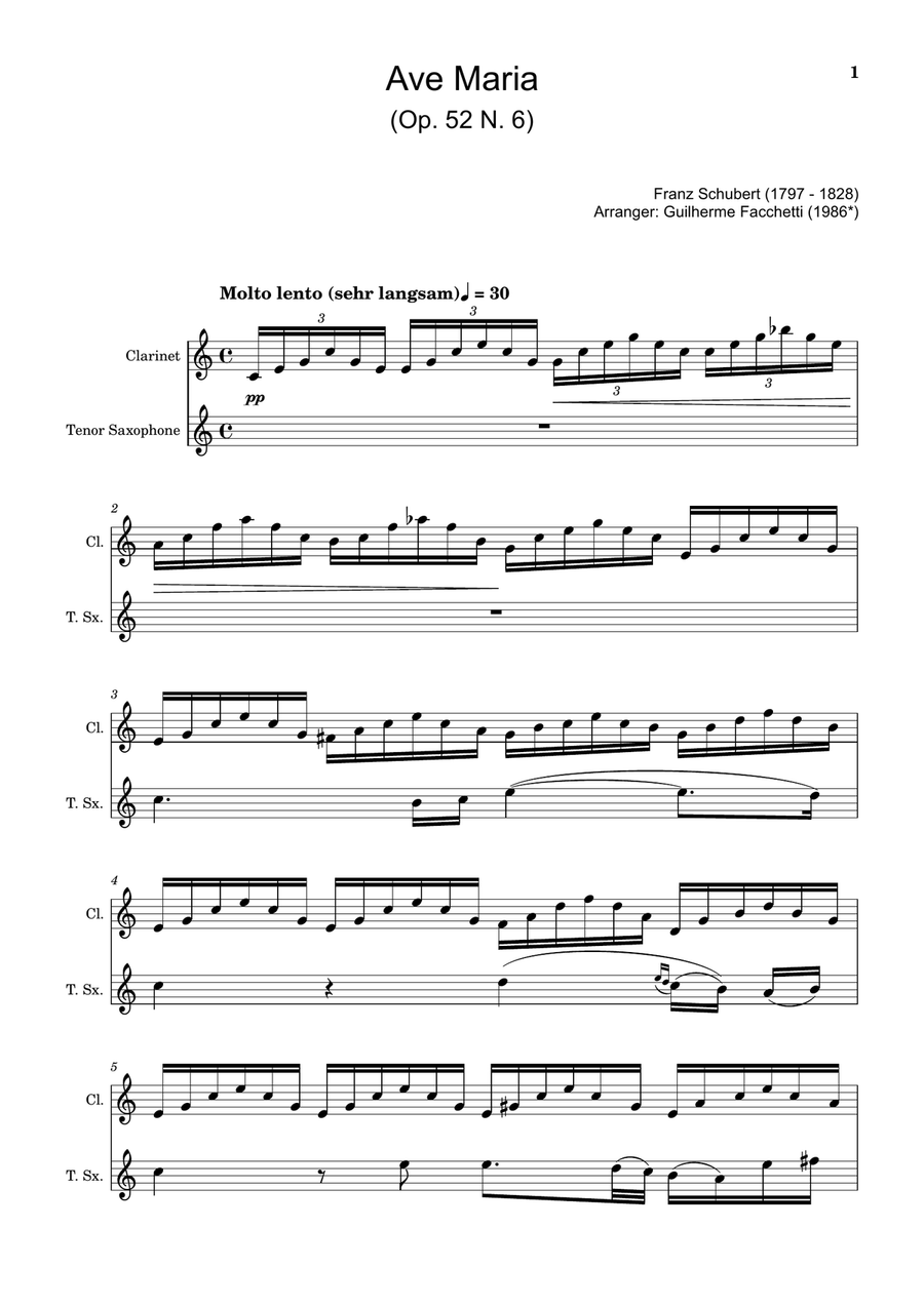 Ave Maria by F. Schubert – Arranged for Clarinet and T. Sax Woodwind Duet scores gallery preview page 1