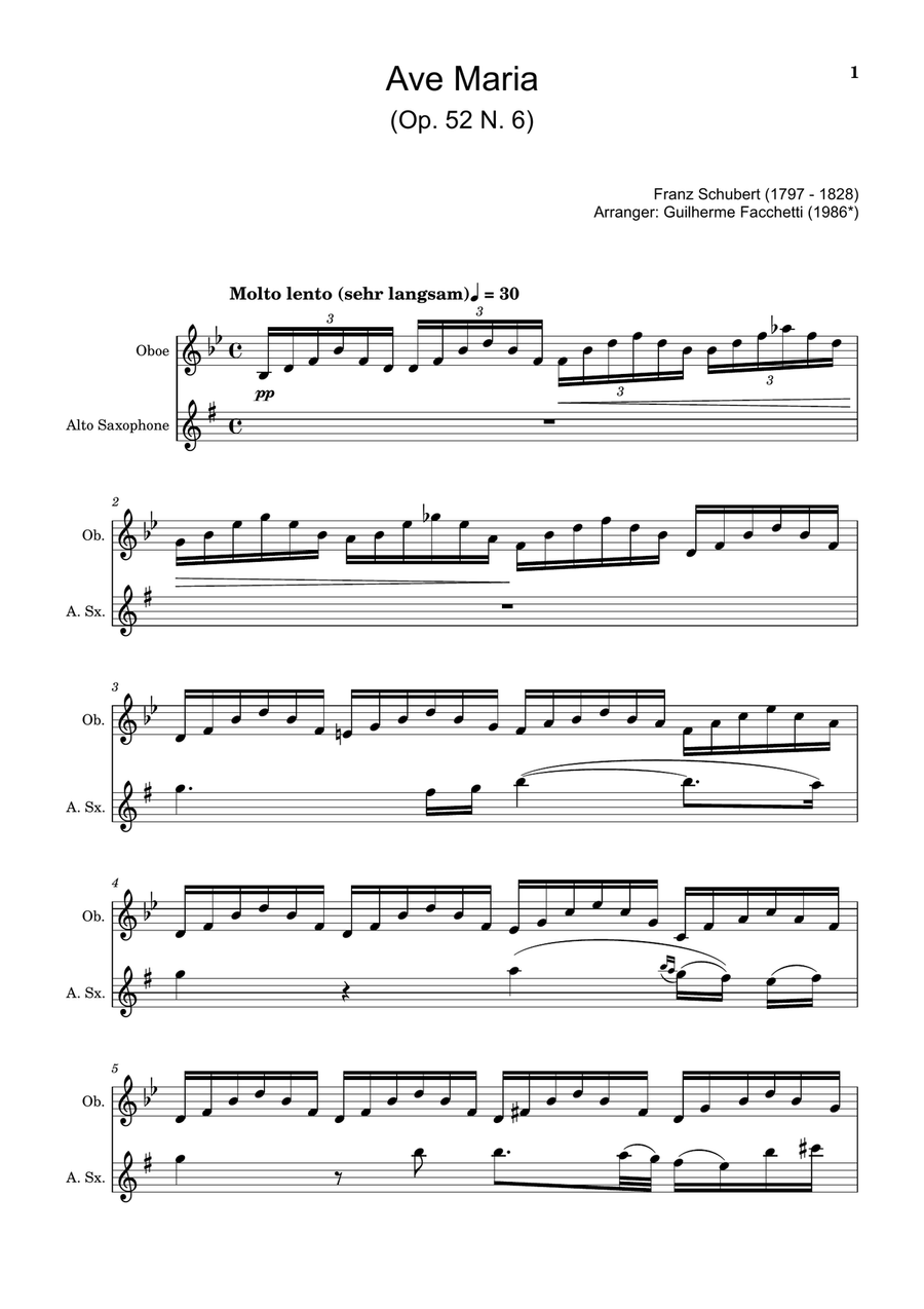 Ave Maria by F. Schubert – Arranged for Oboe and A. Sax Woodwind Duet scores gallery preview page 1