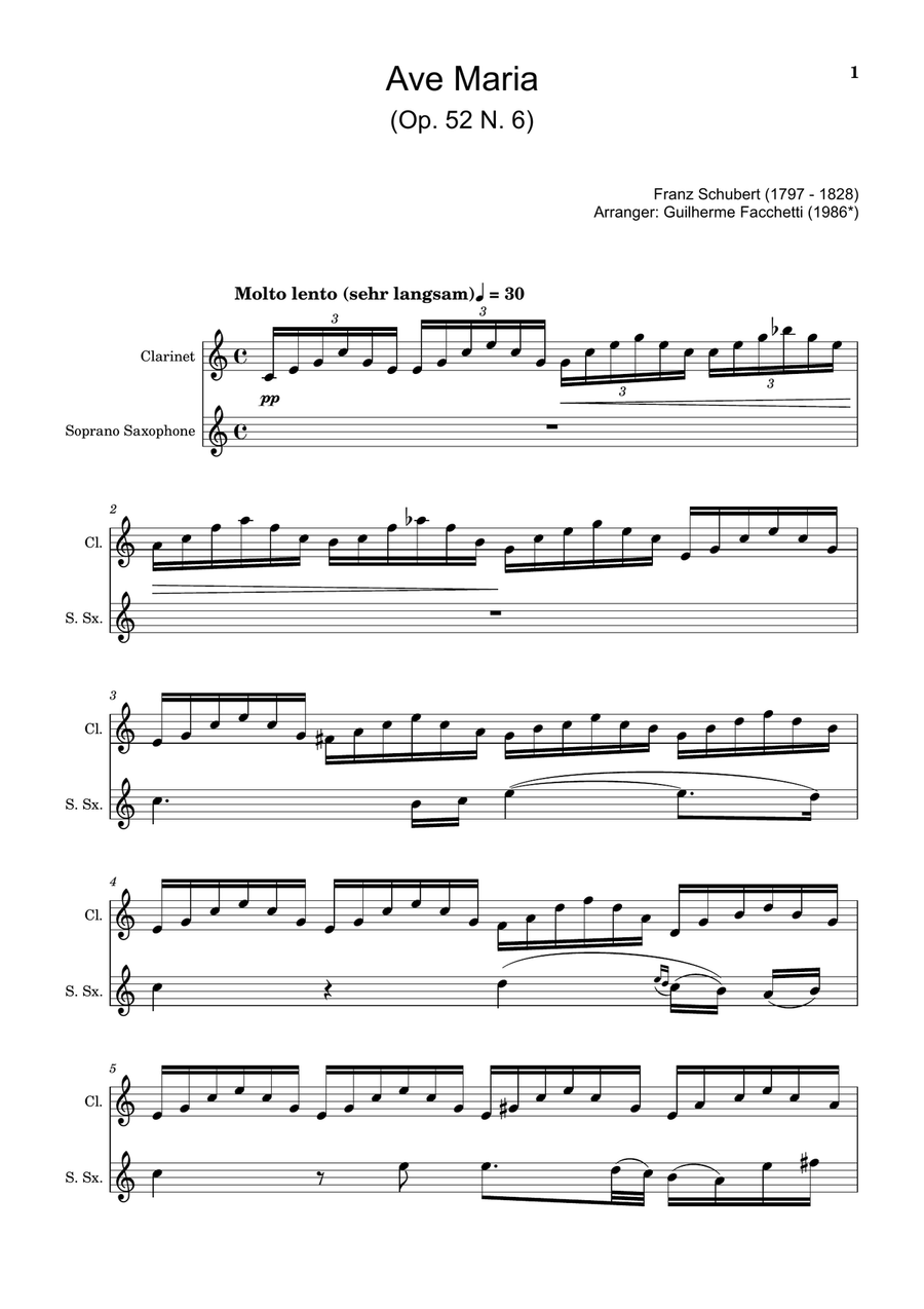 Ave Maria by F. Schubert – Arranged for Clarinet and S. Sax Woodwind Duet scores gallery preview page 1