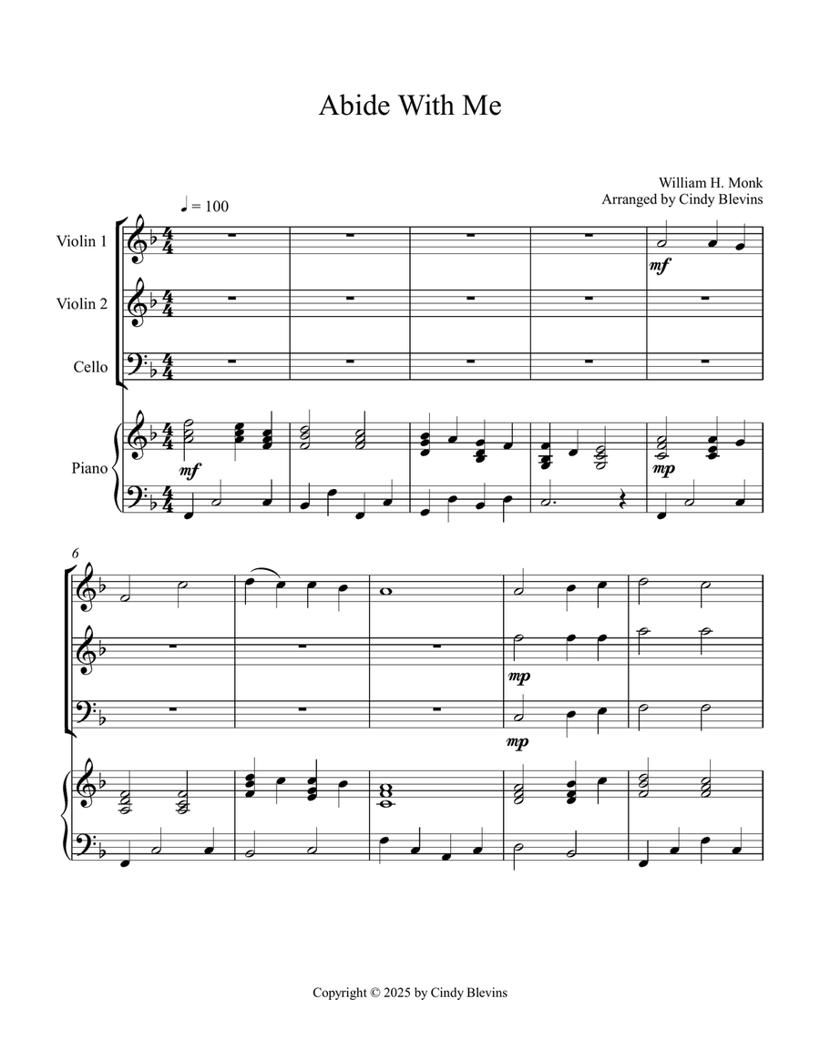 Abide With Me, for Two Violins, Cello and Piano Piano Quartet scores gallery preview page 2