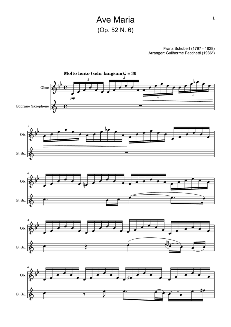 Ave Maria by F. Schubert – Arranged for Oboe and S. Sax Woodwind Duet scores gallery preview page 1