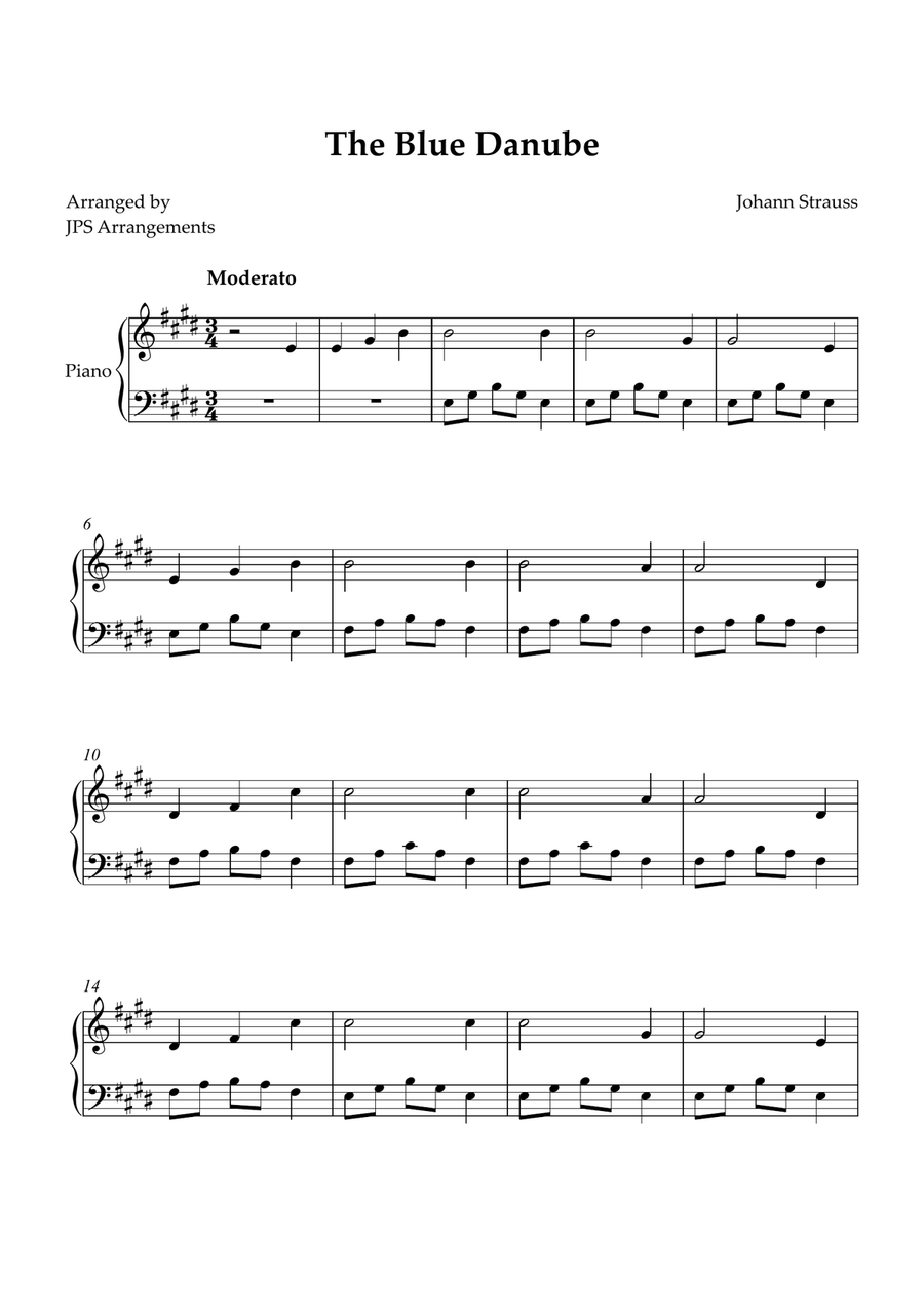 The Blue Danube for intermediate piano in E Easy Piano scores gallery preview page 1