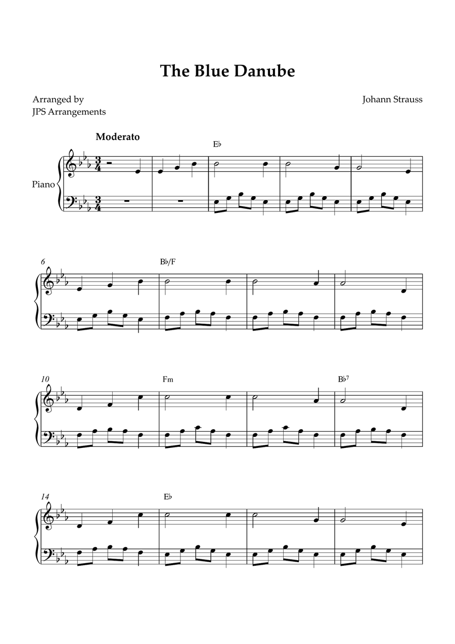 The Blue Danube for intermediate piano in Eb Easy Piano scores gallery preview page 1