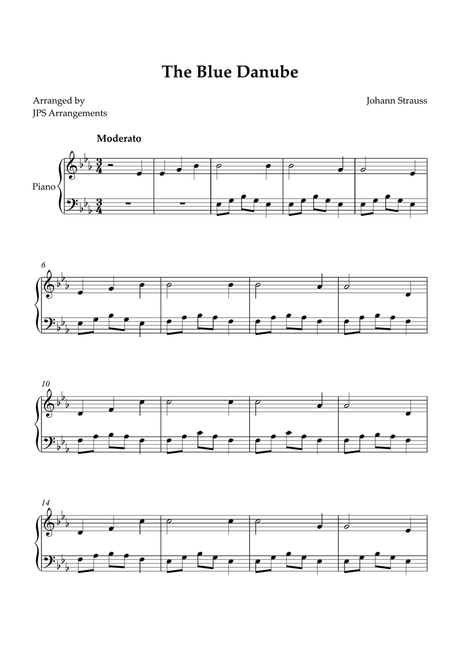 The Blue Danube for intermediate piano in Eb Easy Piano scores gallery preview page 1