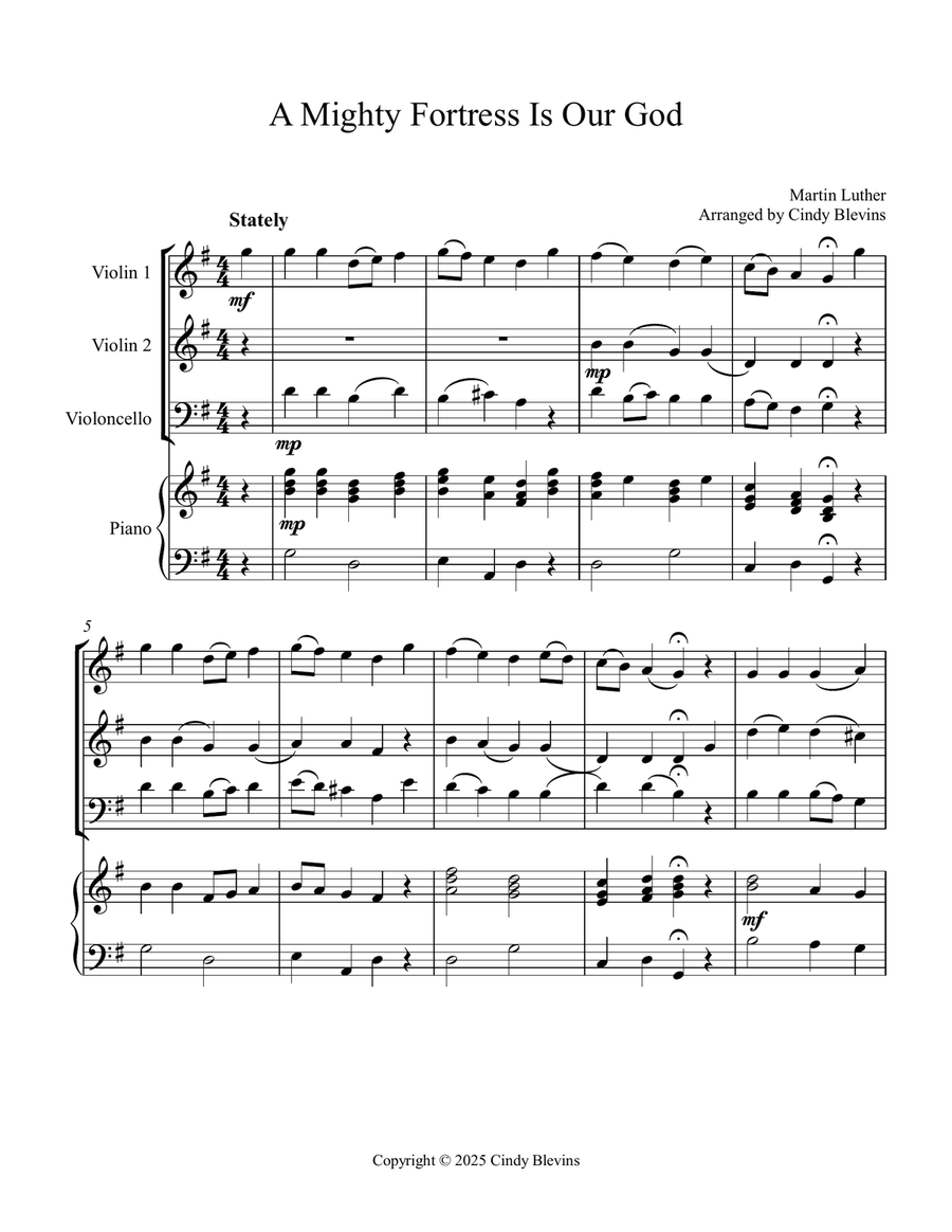 A Mighty Fortress Is Our God, for Two Violins, Cello and Piano Piano Quartet scores gallery preview page 2