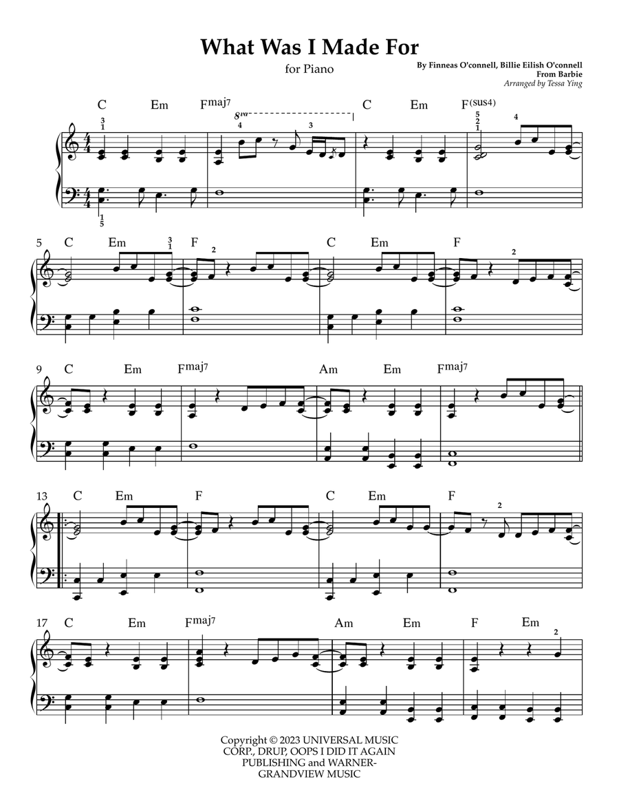 What Was I Made For? Piano Solo scores gallery preview page 1