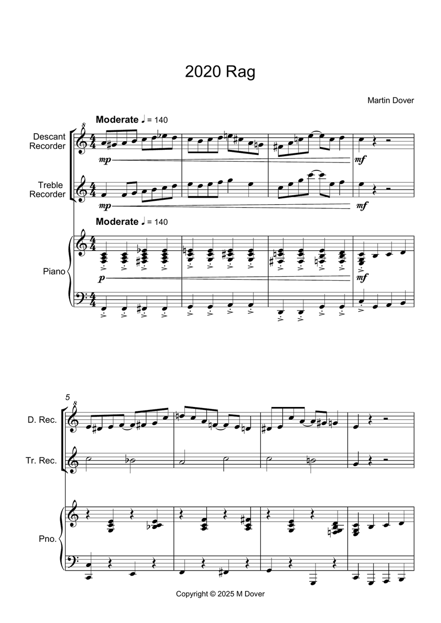 2020 Rag - Recorder Duet (Soprano/Descant & Alto/Treble) with Piano Accompaniment Woodwind Duet scores gallery preview page 1