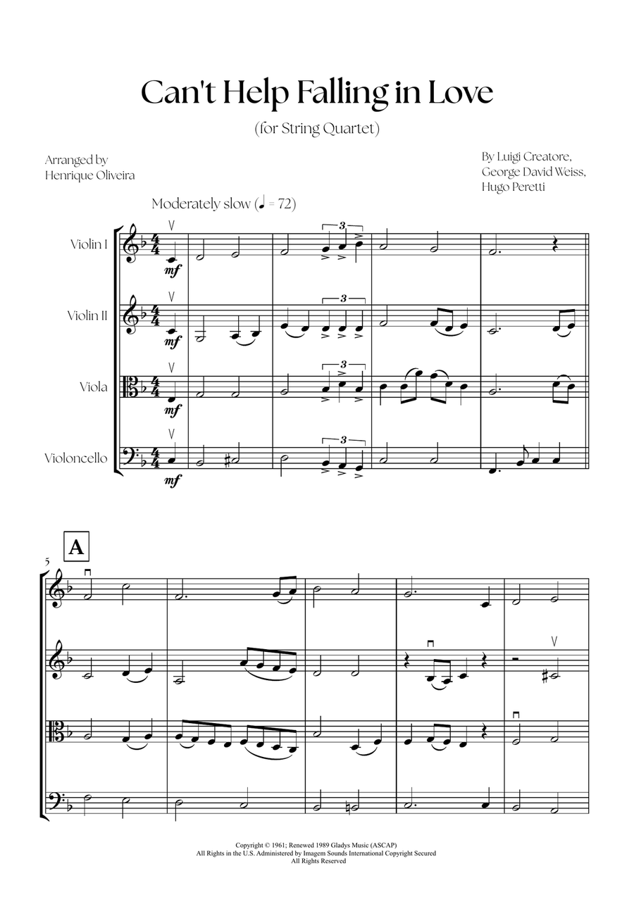 Can't Help Falling In Love String Quartet scores gallery preview page 1