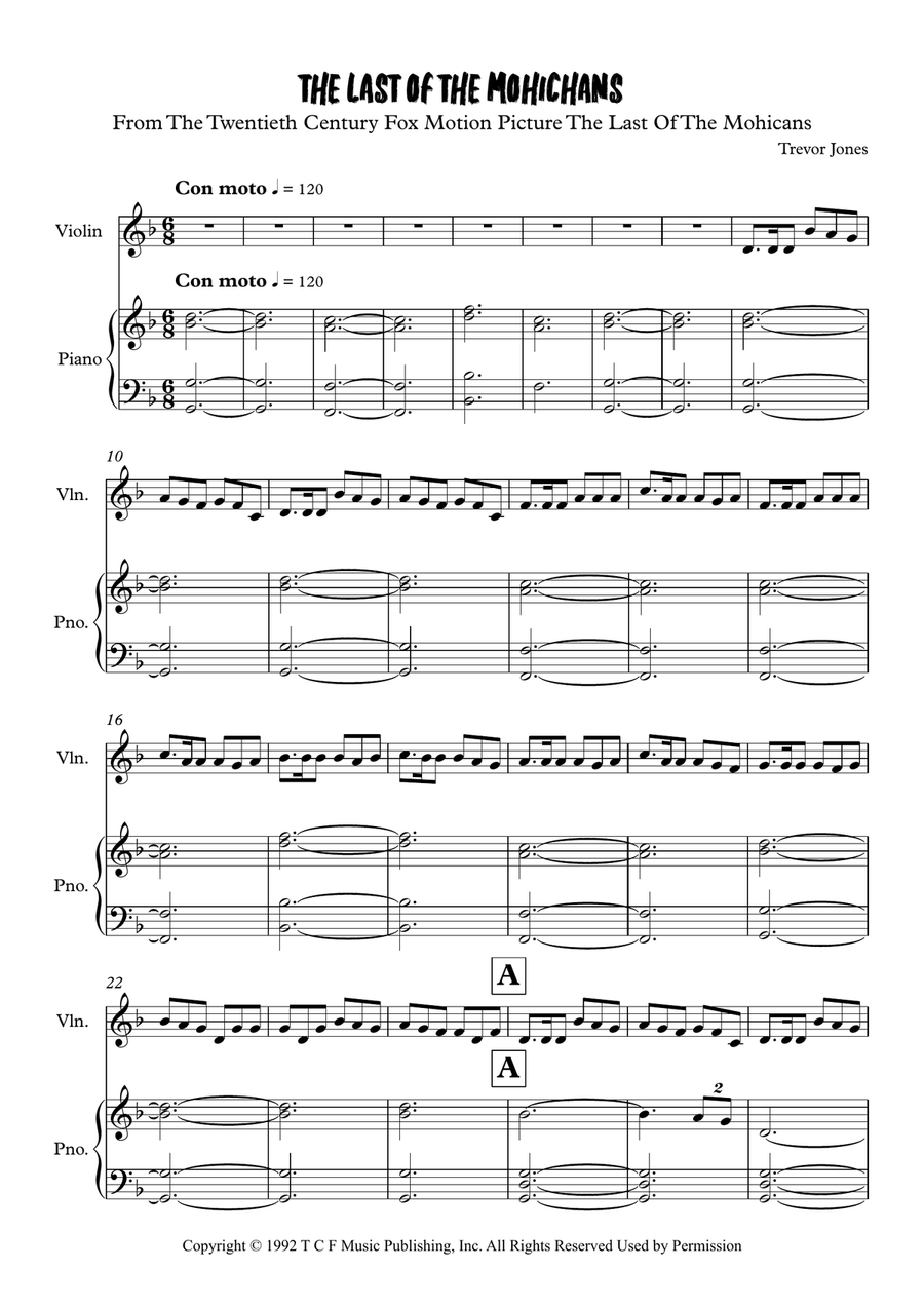 Last Of The Mohicans (Main Theme) Violin Solo scores gallery preview page 1