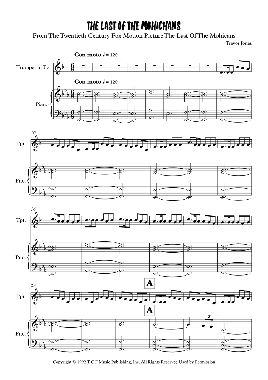 Last Of The Mohicans (Main Theme) Trumpet Solo scores gallery preview page 1