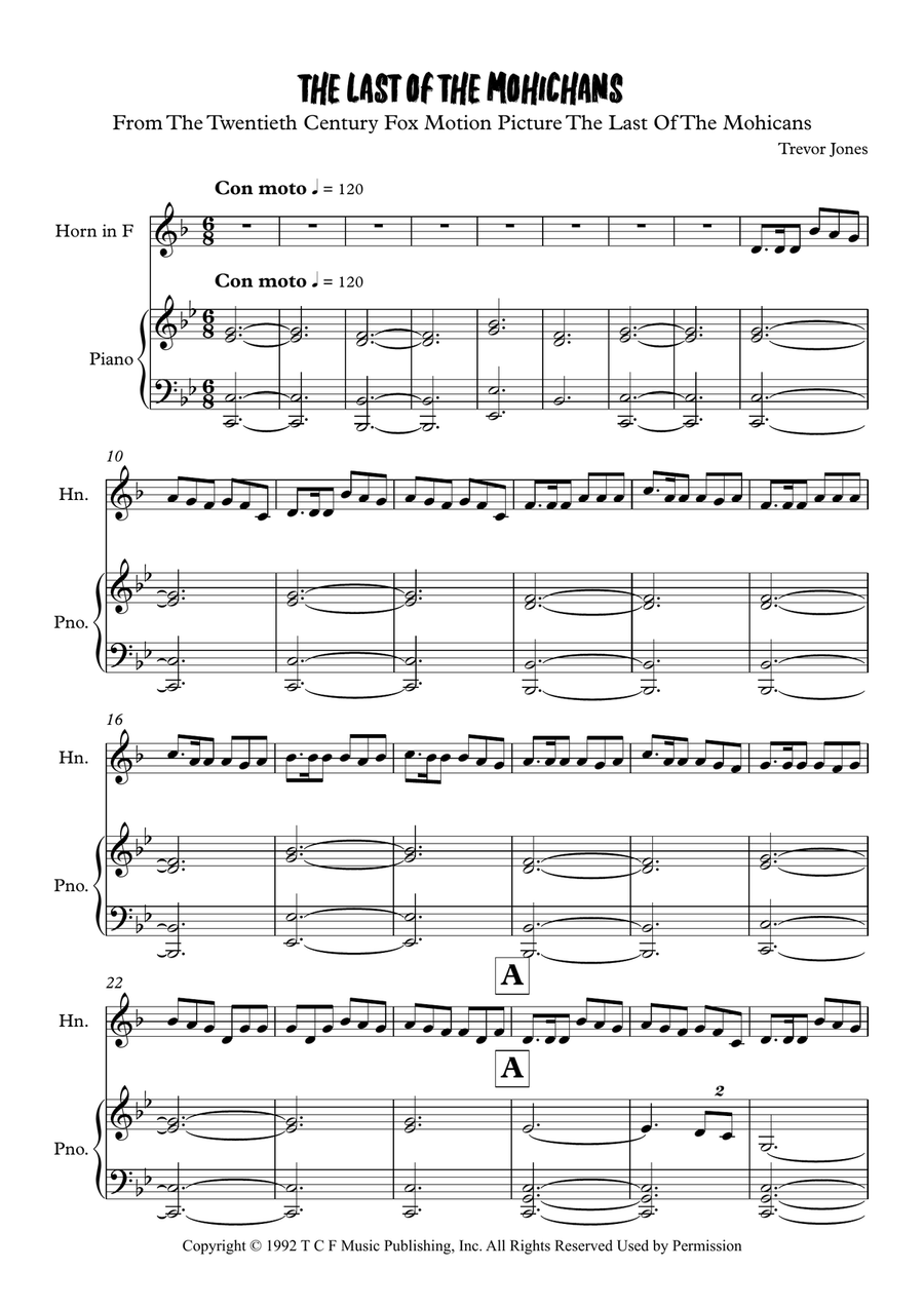 Last Of The Mohicans (Main Theme) Piano scores gallery preview page 1