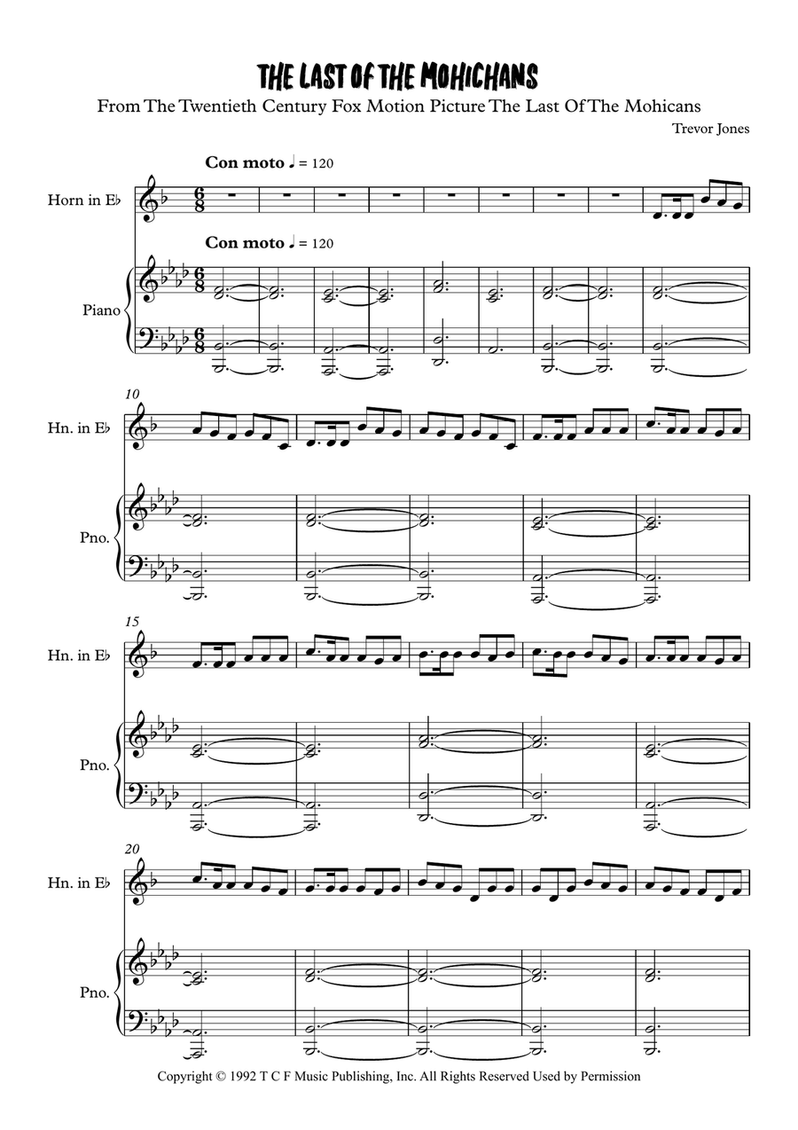 Last Of The Mohicans (Main Theme) Horn scores gallery preview page 1
