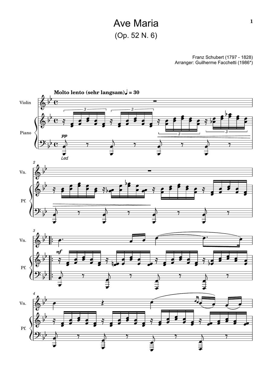 Ave Maria by F. Schubert – Arranged for Violin and Piano. Chamber Music scores gallery preview page 1