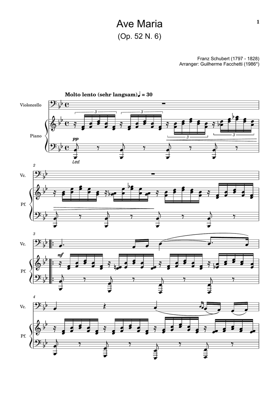 Ave Maria by F. Schubert – Arranged for Cello and Piano Chamber Music scores gallery preview page 1