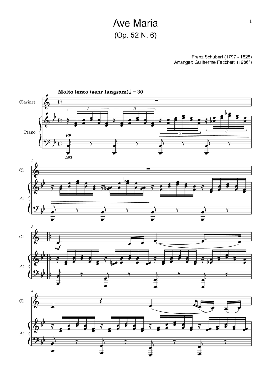 Ave Maria by F. Schubert – Arranged for Clarinet and Piano Woodwind Duet scores gallery preview page 1